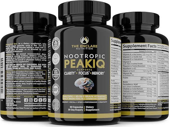 Nootropic Brain Booster, Focus Supplement, Clarity, Memory, Brain Vitamins With 40 Nootropics Phosphatidylserine, Bacopa Monnieri, Huperzine A, DMAE, Inositol, L-Glutamine, Selenium, Choline, DHA (1)