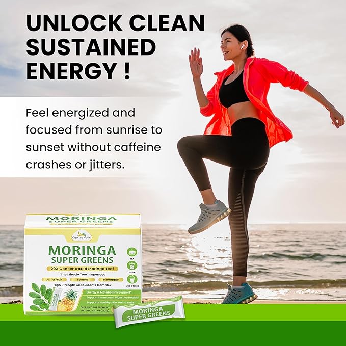Organic Veda Moringa Super Greens, 30 Sticks Drink Mix Powder - 20 X Concentrated Moringa Leaf Powder Extract with Amla, Pineapple, Antioxidant Superfoods for Energy & Metabolism - Tea & Smoothie Mix