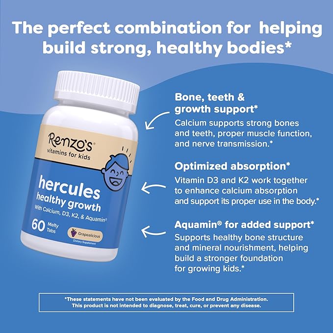 Renzo's Hercules Healthy Growth Calcium Supplement with Vitamin D3, K2 & Aquamin - Vitamins for Kids Height, Ages 2+, Dissolvable, 60 Grape-Flavored Melty Tabs