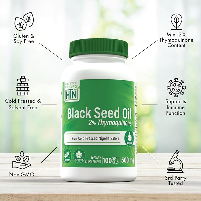 Health Thru Nutrition Black Seed Oil 500mg 100 Softgels | High Potency 2% Thymoquinone | 3rd Party Tested | Pure Cold Pressed | Organically Grown | Non-GMO, Gluten Free, Soy Free