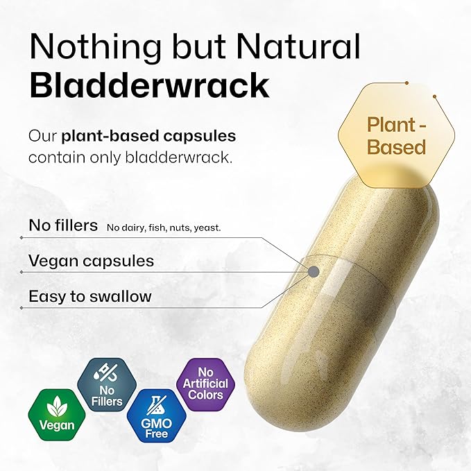 BIO KRAUTER® Bladderwrack for Thyroid Support - Vegan Iodine Supplement 1200 mg per Serving - Bladderwrack 100 Capsules, 50 Days of Supply, Non-GMO - Natural Seaweed Supplement