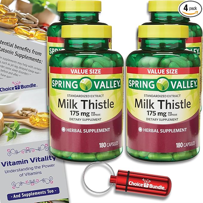 CHOICE BUNDLE Spring Valley Standardized Extract Milk Thistle Dietary Supplement Capsules 175 mg 180 Ct 4 pk (720 Total) + Vitamin Guide and Pill Container (6 Items)!