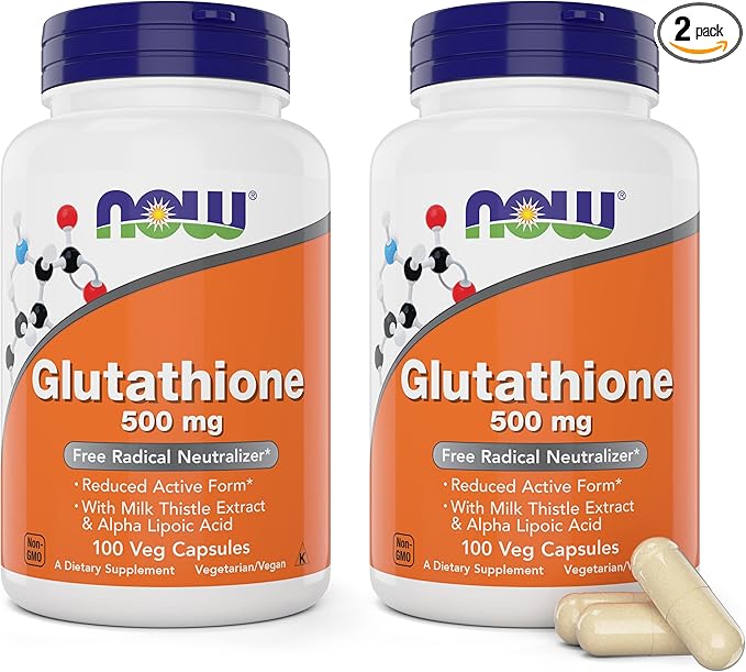 Now Glutathione 500 mg, 100 Vegan Capsules (Pack of 2) - Reduced Form GSH Supplement - Enhanced with Milk Thistle Extract and Alpha Lipoic Acid