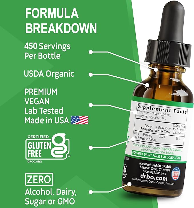 Iodine Liquid Drops Potassium Iodide - 1 Year Supply Pure Clear Organic Iodine Drops Supplement Plus Thyroid Support - Organic Potassium Iodide Liquid Supplement Tincture Thyroid Supplements 1 Fl Oz