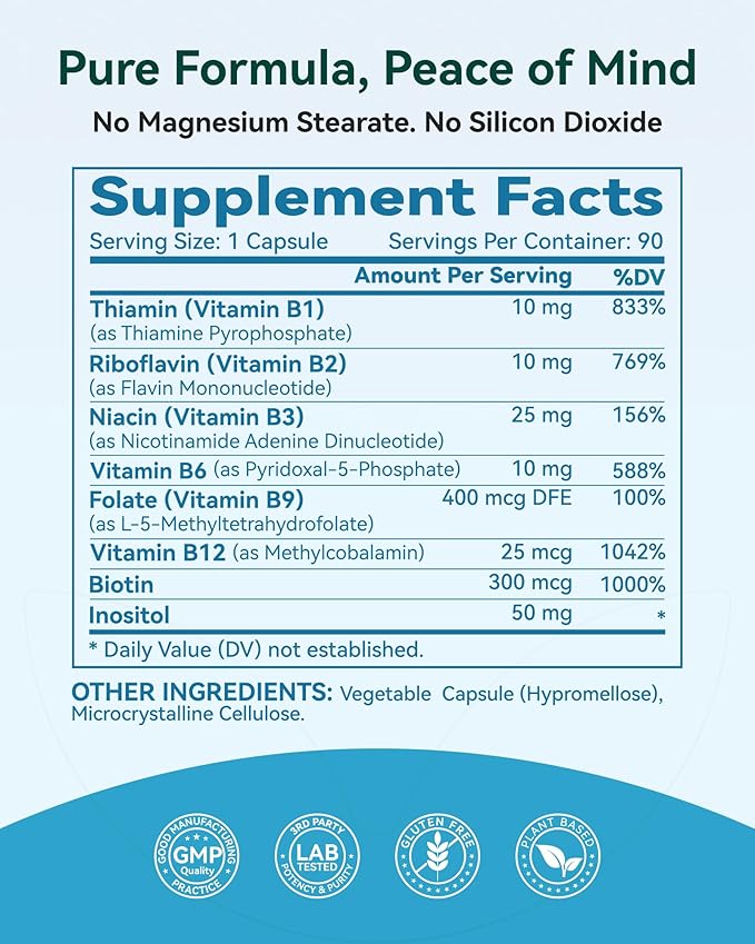 Inner Brightness Vitamin B Complex - Fully Methylated Active B12, B6, Folate - for Energy, Focus, Mood & Nerve Health - Non-GMO Vegan Gluten-Free with B1, B2, B3, B5, B7-90 Capsules for 3 Months