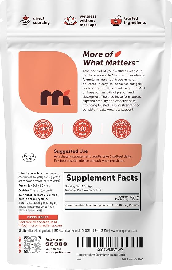 Micro Ingredients Chromium Picolinate 1,000 mcg Per Serving, 500 Softgels, 1 Year Supply | Chelated Essential Mineral Supplement with MCT Oil | Non-GMO