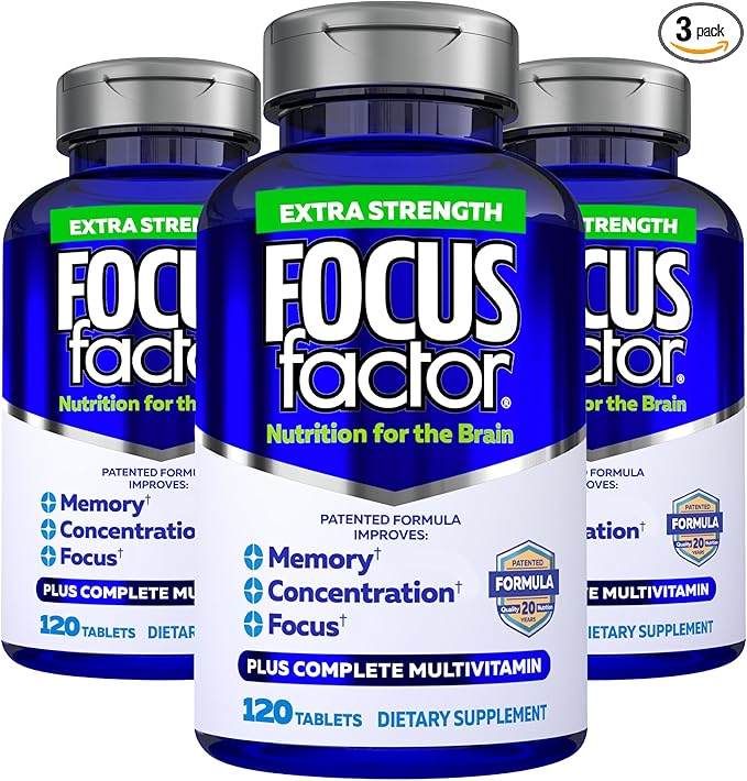 Focus Factor Adults Extra Strength, Brain Supplement for Memory, Concentration and Focus - Complete Multivitamin with DMAE, Vitamin D, DHA - Trusted Health Vitamins, 120 Count (Pack of 3)