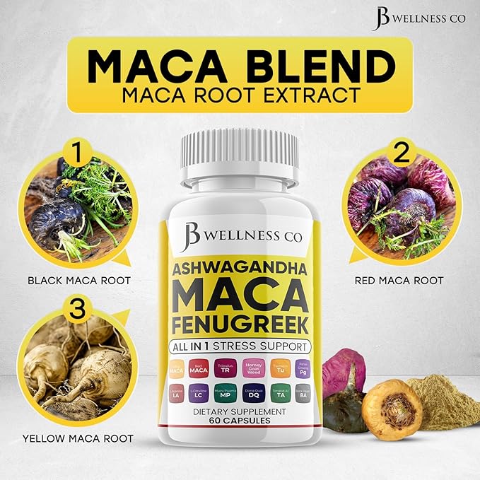 Ashwagandha Maca Root, Fenugreek Supplement with Tongkat Ali Ginseng - Assists with Mood & Thyroid Health - 60 Count