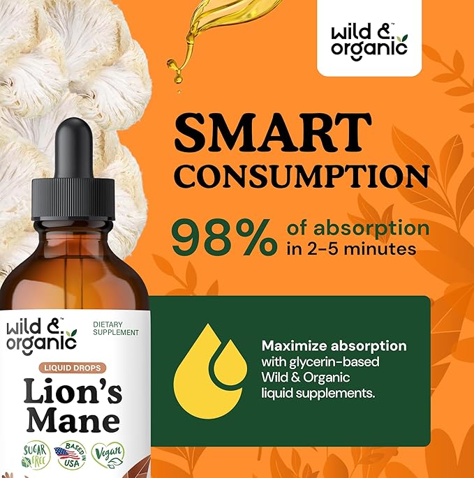 Wild & Organic Lions Mane Liquid Drops - Brain & Focus Support - Lion's Mane Mushroom Supplement - Hericium Erinaceus Mushroom Drops - Mix with Powder - Sugar & Alcohol-Free Extract Tincture - 4 oz