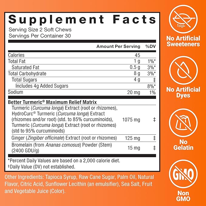 Force Factor Better Turmeric Maximum Joint Support, 1075mg Curcumin with Ginger to Support Mobility, Flexibility & Comfort, More Convenient Than Turmeric Gummies, Fruit Punch, 120 Soft Chews, 2-Pack