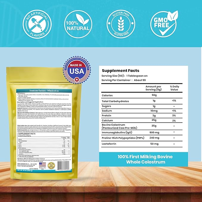 BodyBoost Colostrum Whole, 100% Bovine Colostrum Powder, Immune Booster Supplement with Immunoglobulin & Lactoferrin, Grass Fed Colostrum, Gut Health, Diverse Intake, 2x16 oz