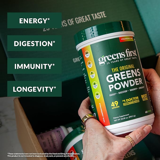Greens First Original Greens Powder - 49 Superfoods - Organic Fruits & Veggies - Prebiotics, Probiotics & Digestive Enzymes - Antioxidant - Dairy Free/Vegan/Non-GMO (Strawberry Kiwi, 60 Servings)