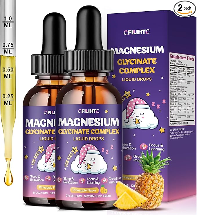 2 Pack Magnesium Glycinate Liquid for Kids - Magnesium Bisglycinate Drops with L-Theanine, Chamomile & Vitamin B6, B12, C, D3 for Sleep, Relaxation, Immune Support, Calm & Focus - 4 Fl Oz, Pineapple