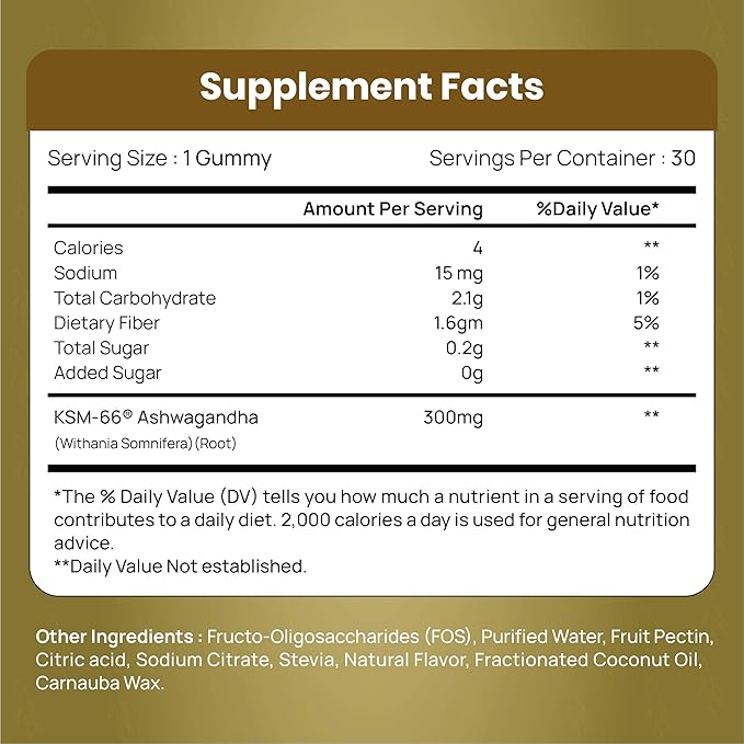 Ashwagandha Gummy - 30 Count - Mixed Berry, KSM-66, Vegan, Plant Based, Non-GMO, Gluten-Free, Gelatin Free, No Added Sugar