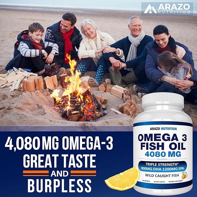Arazo Nutrition Wild Caught Omega-3 Fish Oil Concentrate – 4,080mg per Serving – High EPA 1200mg & DHA 900mg – 90 Burpless Lemon Softgels