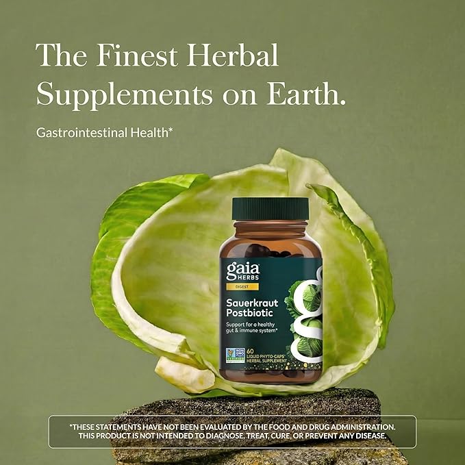 Gaia Herbs Sauerkraut Postbiotic - Gut Health & Immune Support Supplement* - Made with Fermented Sauerkraut - Free from Dairy, Soy & Gluten - 60 Vegan Liquid Phyto-Caps (30 Servings)