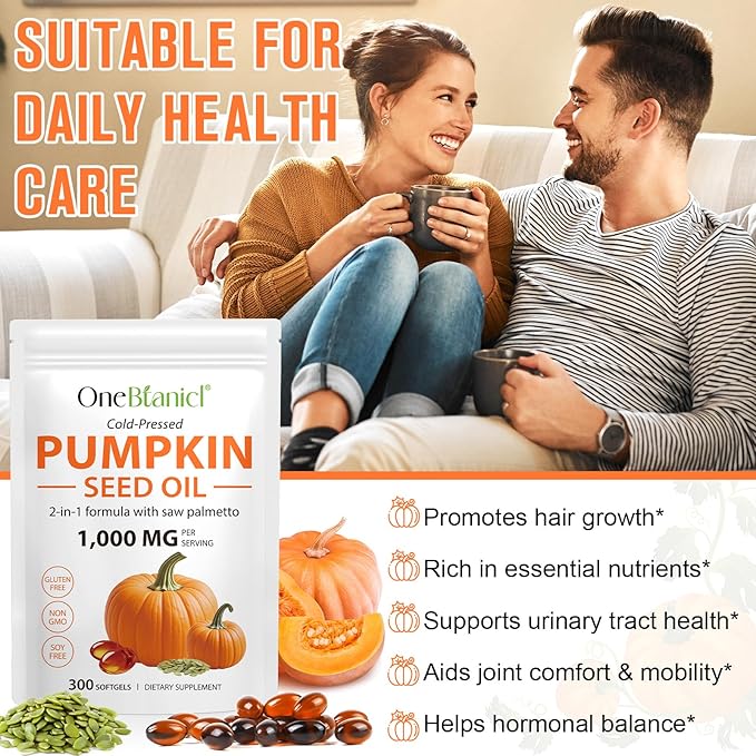 Pumpkin Seed Oil with Saw Palmetto 2-in-1 Formula 300 Softgels, Cold Pressed, Pure Virgin Oil, Supports Hair, Urinary, Bladder & Prostate Health, Non-GMO