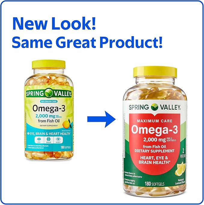 SUREFECT Spring Valley Maximum Care Omega-3 2000mg Fish Oil - 180 Softgels - General Wellness & Cardiovascular Support* - High EPA/DHA (1480mg), Lemon Flavor Organizer.