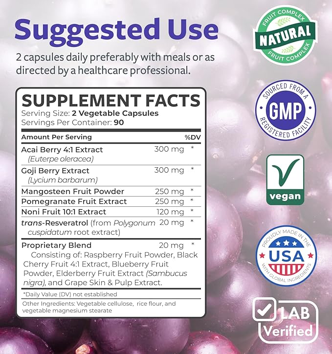 Super Antioxidants Supplement for Women & Men - High Potency Herbal & Fruit Blend with Acai, Goji, Pomegranate, Elderberry & Resveratrol for Skin Care & Immune Support - Vegan & Non-GMO - 180 Capsules