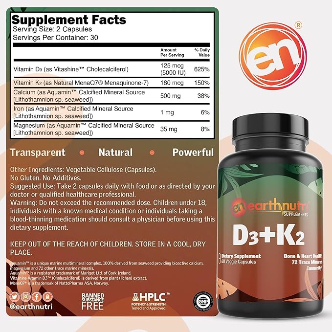 EarthNutri - Vitamin D3 Plus K2 Vitamin Supplement 5000 IU – Includes K2 from MENA Q7, D3 from Vitashine, Calcium from Aquamin & 72 Trace Minerals – for Immune, Bone & Heart Health - Non-GMO