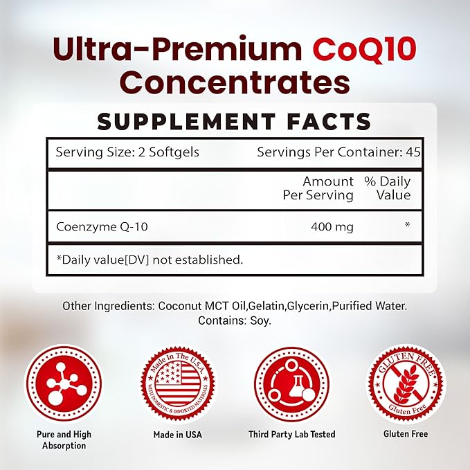 VANI CoQ10 400mg, 90 Softgels, Optimally Absorbed Ubiquinone CoQ10 Dietary Supplement Support for Heart Health & Brain Function, Gluten-Free