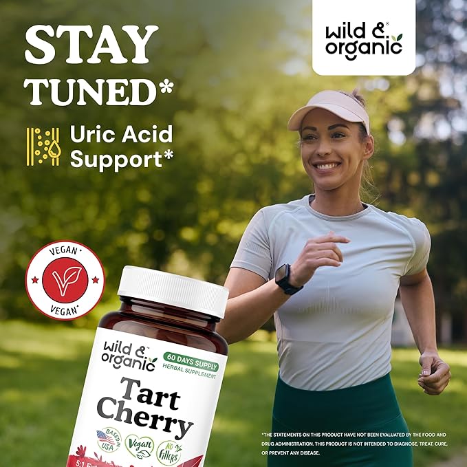 Wild & Organic Tart Cherry Capsules 600 mg - Uric Acid Support - Tart Cherry Powder Supplement - Prunus Cerasus Fruit Extract - 60 Days of Supply - Vegan, No Fillers, Non-GMO - 60 Count
