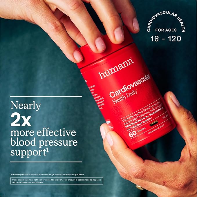 Humann Cardiovascular Health Daily, 4-in-1 Vascular & Blood Pressure Support, Grape Seed Extract Capsules & Hyaluronic Acid Circulation Supplements, Plant-Based Non-GMO, 120 Capsules