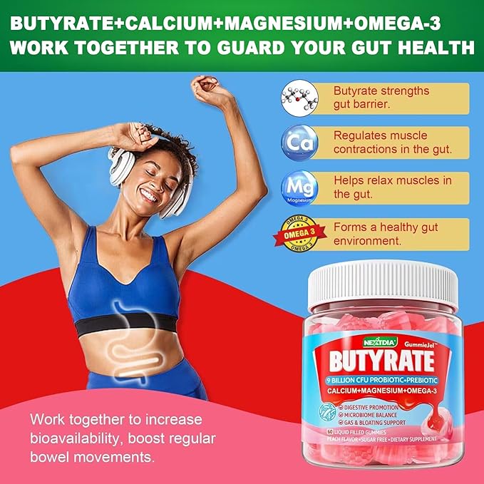 Butyrate Gummies with Probiotic + Prebiotic + Postbiotic, Omega-3 500mg,Fiber with 9 Billion CFU Probiotics, Calcium & Magnesium, Inulin,Psyllium Husk for Digestive Health,Bloating Support,Sugar Free