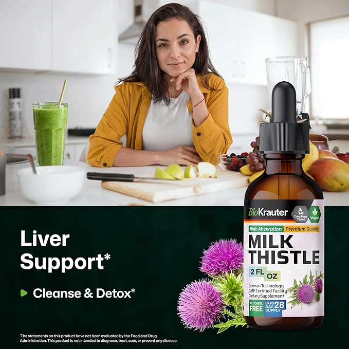 BIO KRAUTER® Milk Thistle Supplement - Liquid Pure Vegan Milk Thistle Extract 680 mg per Serving 2 Fl.Oz 28 Days of Supply - Liver Cleanse & Detox, Сontains Silymarin - Alcohol & Sugar Free