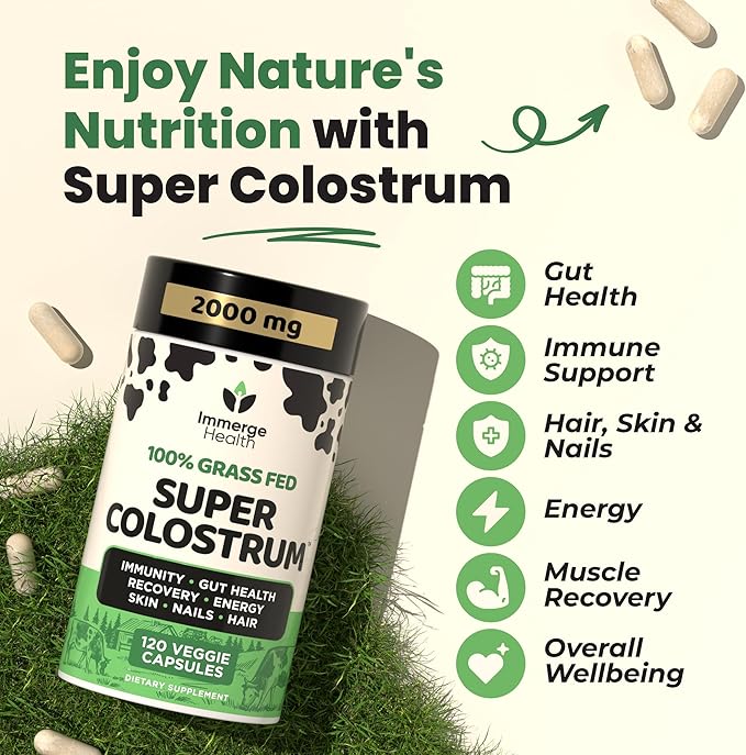 Immerge Health Super Colostrum Capsules - 120 Count High IgG Bovine Supplement for Gut Health, Hair Growth, Bloating & Immunity - 100% Grass Fed First Milking, Tasteless & Travel Friendly, USA Made