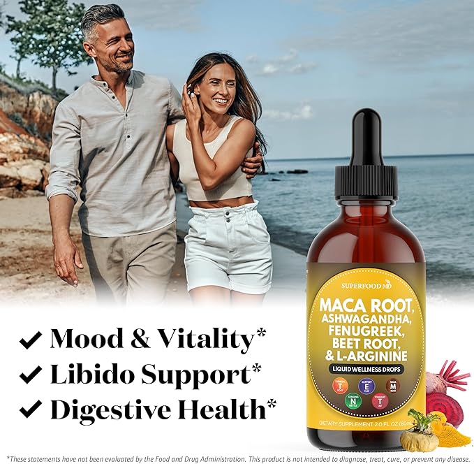 Superfood MD Maca Root Liquid Drops with Ashwagandha, Nettle, Fenugreek, Beet Root and L-Arginine Liquid Multivitamin for Women and Men - 8 Oz