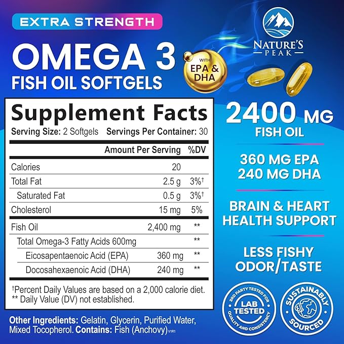 Omega 3 Fish Oil Supplements - 2400mg Fish Oil Per Serving - Triple Strength Omega-3 with Fatty Acids EPA & DHA - Natural Heart, Brain & Immune Support - Wild Caught, Bottled in USA - 60 Softgels