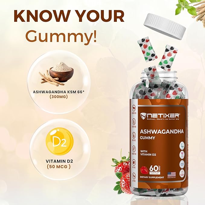 Ashwagandha Gummies – Vegan, Strawberry Flavor – with KSM-66 300mg & Vitamin D2 50mcg – Gluten-Free, Gelatin-Free, Non-GMO – 60 Gummies – Adaptogen Supplement for Adults