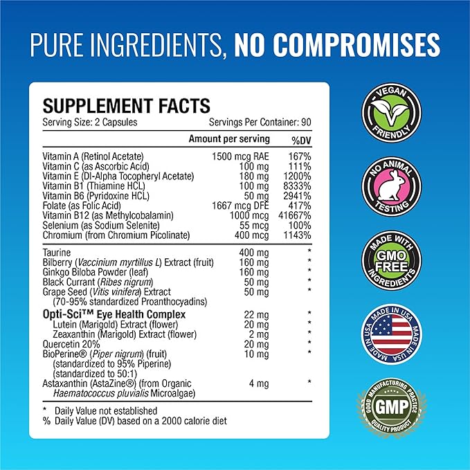 Approved Science EyeSyl - Eye Support Supplement - Chromium Picolinate, Taurine, Lutein, Zeaxanthin, Bilberry, BioPerine - 3 Month Supply - 180 Capsules - Made in USA