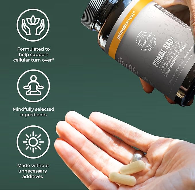 Primal Harvest NAD+ Supplement: Nicotinamide Riboside, Trans-Resveratrol, Betaine, CoQ10, NAD Supplements for Cellular Health, Energy, and Mitochondrial Support
