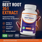 Vitamatic Beet Root 20:1 Extract Capsules 800 mg Per Serving (Beta vulgaris) – Nitric Oxide Support Supplement – Non-GMO, Gluten Free – 120 Veggie Capsules – Made in USA