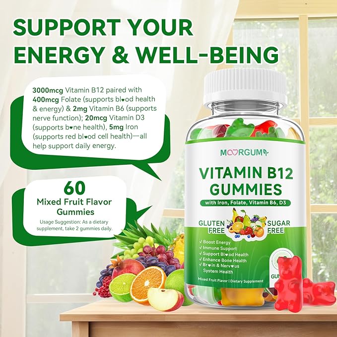 1 Pack Methyl B-12 3000mcg Gummies for Kids & Adults, Vitamin B12 (Methylcobalamin) with Vitamin B6, Folate & D3, Supports Energy, Metabolism & Immune Wellness, 60 Count