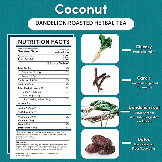 Teeccino Dandelion Coconut Tea - 10 Tea Bags - Caffeine Free, Roasted Herbal Tea with Prebiotics, 3x More Herbs than Regular Tea Bags, Gluten Free