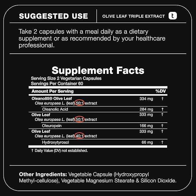 Toniiq Olive Leaf Extract Complex – with 85% Oleanolic Acid, 50% Oleuropein & 20% Hydroxytyrosol - 50:1 Extract Ratio – Third-Party Tested – 120 Capsules