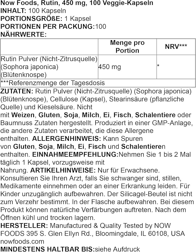 NOW Foods Supplements, Rutin (Sophora Japonica) 450 mg, Free Radical Scavenger*, Cell Defense*, 100 Veg Capsules, (Pack of 2)