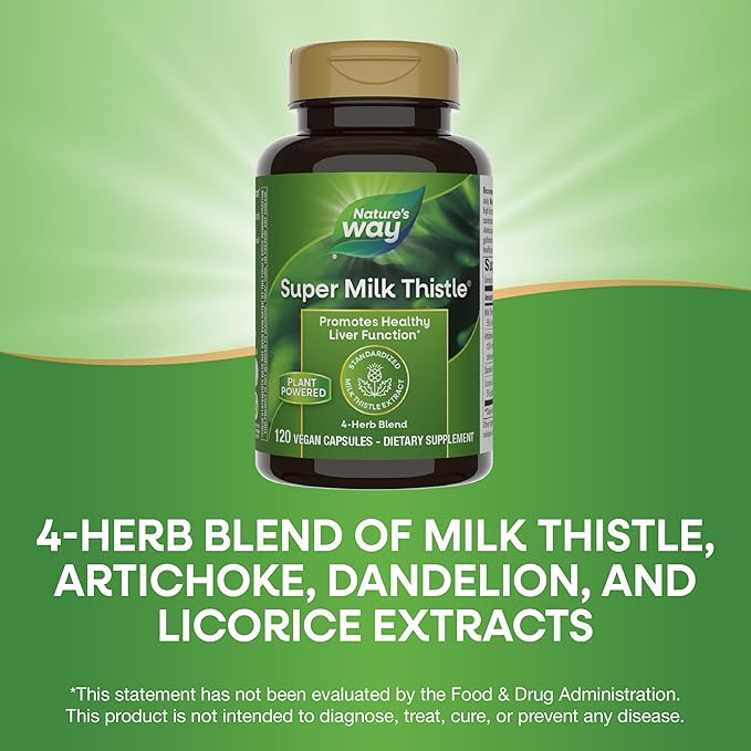 Nature's Way Super Milk Thistle, Promotes Healthy Liver Function*, with Artichoke Leaf, Dandelion Root & Licorice Root Extracts, Gluten Free, 120 Capsules (Packaging May Vary) - 2 Pack