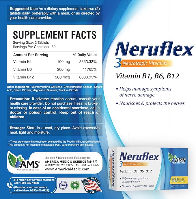 America Medic & Science NeruFlex 60ct – Nerve Support Supplement with Essential B-Vitamins – Supports Nervous System Health & Energy Production – 60 Tablets