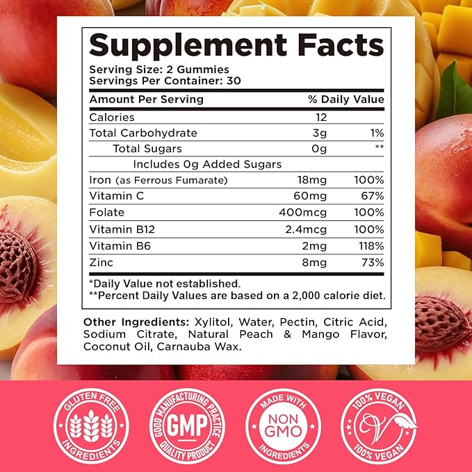 Center-Filled Iron Gummies for Adults & Kids - Iron Supplement with Vitamin B6, B12, C, Zinc, Folate - Support Women Iron Deficiency, Anemia, Blood Builder - Sugar Free Vegan 60ct Peach & Mango Flavor
