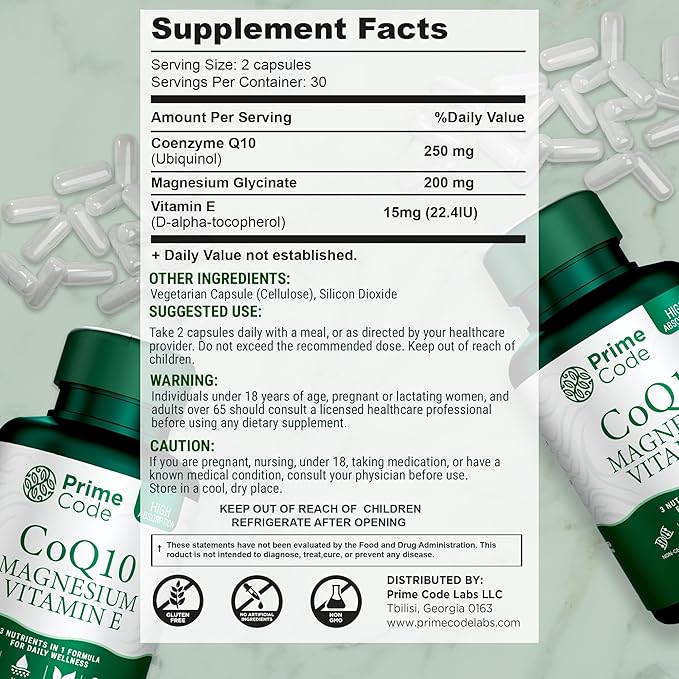 Prime Code [ 3 𝐢𝐧 𝟏] CoQ10 250mg with Magnesium Glycinate and Vitamin E | CoQ10 Capsules 250mg | Magnesium Glycinate 200mg | Vitamin E 15mg | Non-GMO | Gluten & Soy Free | Vegan