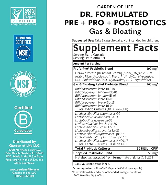 Garden of Life Dr. Formulated Pre, Post & Probiotics Gas & Bloating Once Daily 3-in-1 Complete Prebiotics, Postbiotics & Probiotics – 50 Billion CFU, Non-GMO, Gluten-Free, 30 Day Supply