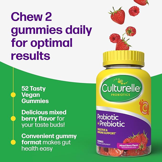 Culturelle Daily Probiotic Gummies for Women & Men, Berry Flavor, 52 Count, Naturally-Sourced Daily Probiotic + Prebiotic for Digestive Health, Non-GMO & Vegan