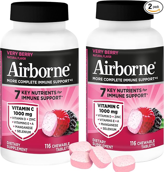 Airborne 1000mg Vitamin C + Zinc Immune Support Supplement Chewable Tablets Powerful Antioxidants Vitamins A C & E, 116 Chewable Tablets, Very Berry Flavor (2 Pack)