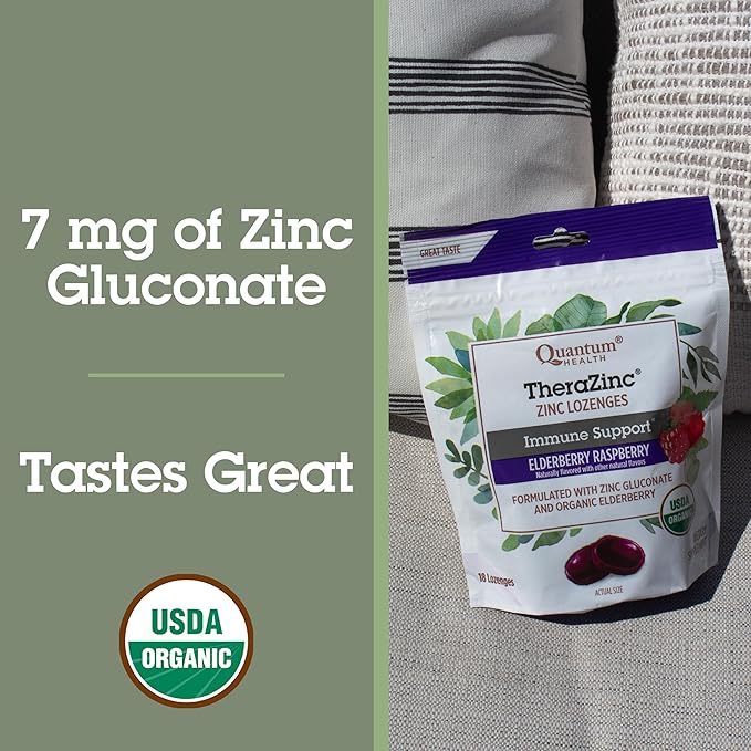Quantum Health TheraZinc Organic Zinc Lozenges Elderberry Sambucus Raspberry & Honey Immune Support for Adults & Kids 12+ Naturally Flavored Fast Relief with No Aftertaste -18 Count (Package may vary)