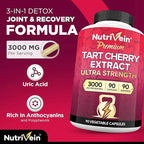 Nutrivein Premium Tart Cherry Capsules 3000mg: Ultra Strength Tart Cherry Extract Supplement for Post-Athletic Recovery, Detox, Rest, & Mobility