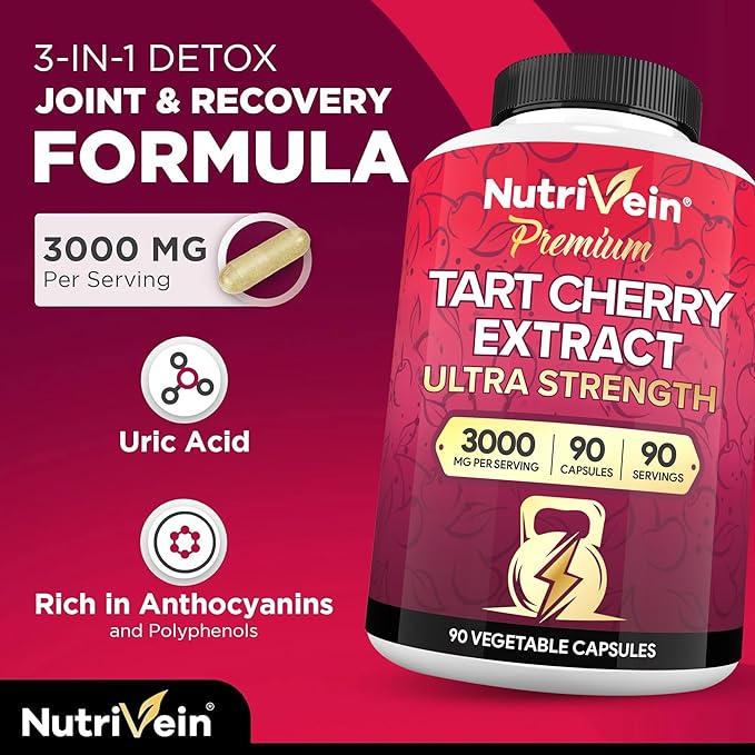 Nutrivein Premium Tart Cherry Capsules 3000mg: Ultra Strength Tart Cherry Extract Supplement for Post-Athletic Recovery, Detox, Rest, & Mobility